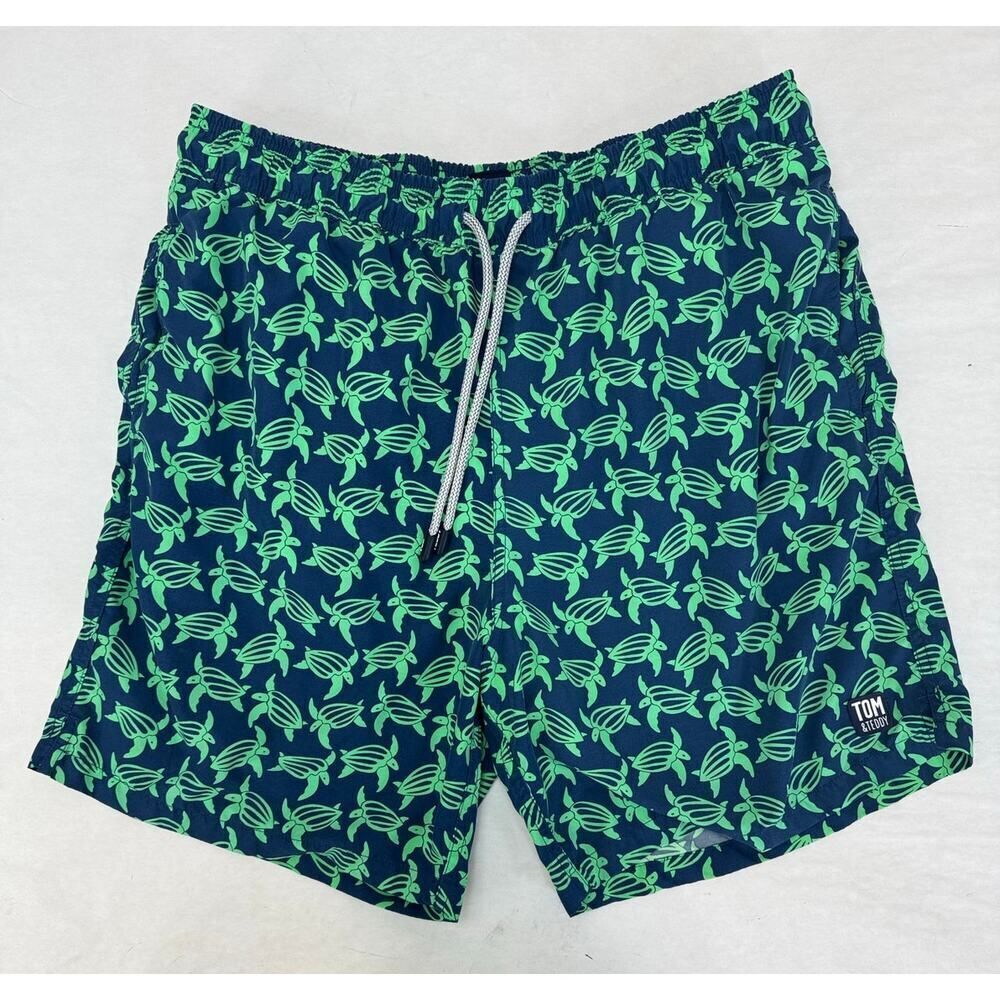 Tom & Teddy Swim Trunks Sea Turtle Print Men's Green Navy Board Shorts - Size XL